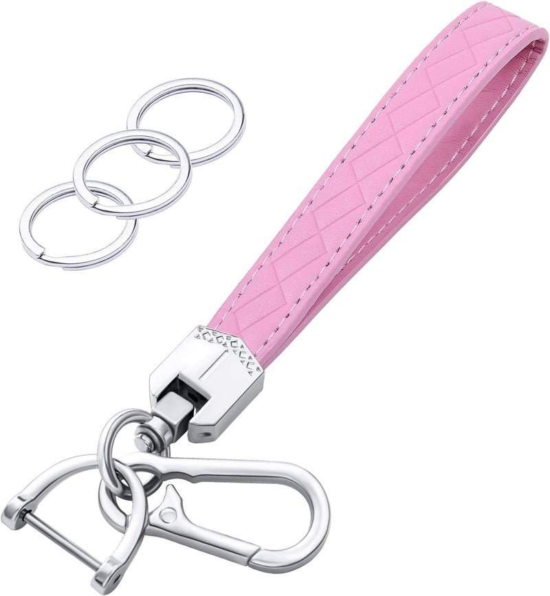 OHKYOOT Store Leather Wristlet Keychain,Car Key Chain Wrist Keychain with 3 Key Ring and Anti-Lost D Ring (Pink Silver) - Image 1